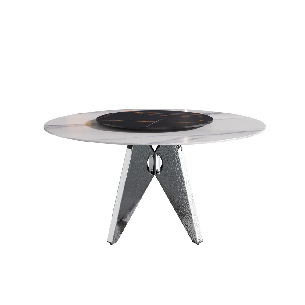 English Elm 59.05" Round Marble Dining Table With Silver Base, Lazy Susan, Seats 6-8, Modern Two-Tone Design W1535S00395