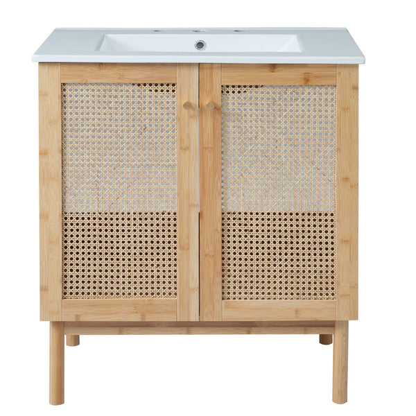 English Elm 30-inch bamboo bathroom vanity with handwoven rattan doors, soft-close hinges, ample storage beauty WF530472AAD