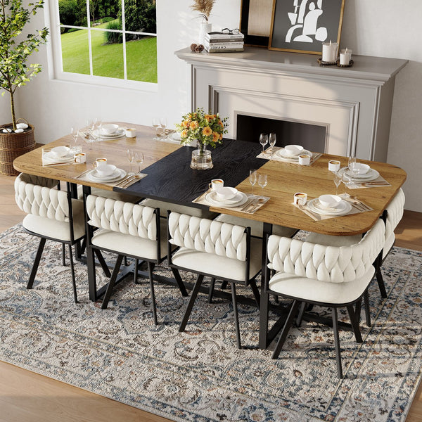 English Elm 9-piece Square Dining Set Velvet Upholstered Chairs Two-tone Tabletop Seats 8 Beige,Black,Wood W3875S00141