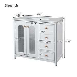 English Elm 36.02-inch white bathroom vanity with ceramic basin, gold round handles, soft-close doors & drawers N729P184710K
