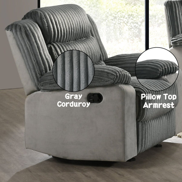English Elm Lesley Plush Gray Corduroy & Velvet Motion Glider Recliner with Pocket Coil Seat, 330lb Capacity B2726P320782