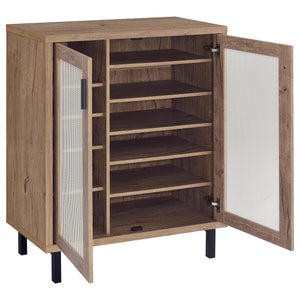 English Elm Stagg Oak Finish Shoe Cabinet with Cane Doors and Black Metal Legs for Entryway B062P451792
