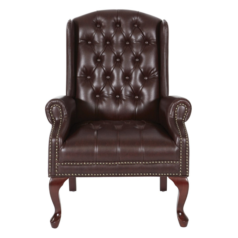 OSP Home Furnishings Traditional Queen Anne Wingback Chair with Oxblood Vinyl Lumbar Support and Cabriole Legs TEX234-JT4