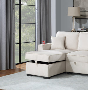 English Elm Convertible Corduroy Sectional Sofa with Reversible Chaise, Hidden Storage, USB Port & Pull-Out Bed Beige 60 L x 30 W x 19 H B011S01244