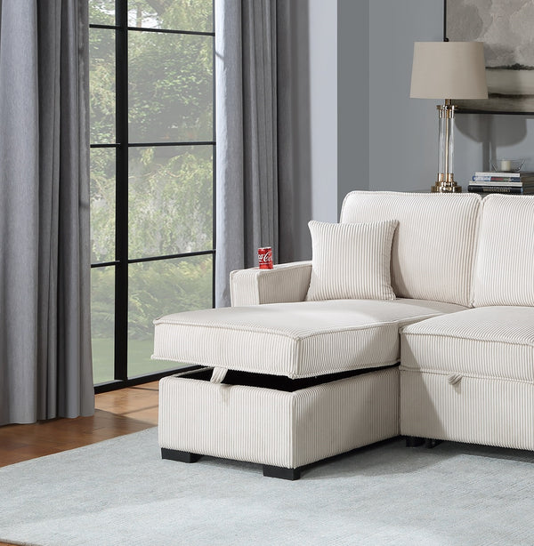 English Elm Convertible Corduroy Sectional Sofa with Reversible Chaise, Hidden Storage, USB Port & Pull-Out Bed Beige 60 L x 30 W x 19 H B011S01244