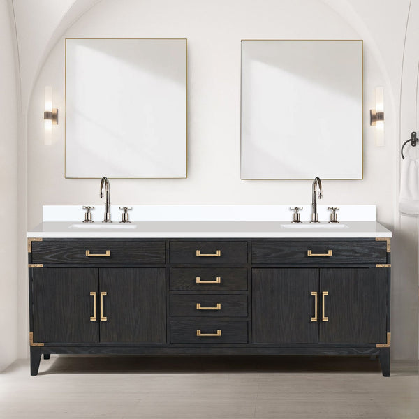English Elm Black Oak Double Bath Vanity With White Quartz Top, Chrome Faucet Set & 36” Mirrors For Luxury Style B2731S02194