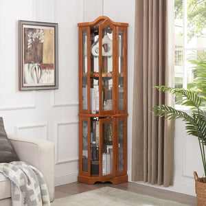 English Elm Lighted Corner Curio Cabinet With Adjustable Shelves & Tempered Glass - Elegant Oak Display Piece W1758P300132