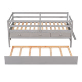 Hearth and Haven Low Loft Bed Twin Size with Full Safety Fence, Climbing Ladder, Storage Drawers and Trundle Gray Solid Wood Bed WF312991AAE