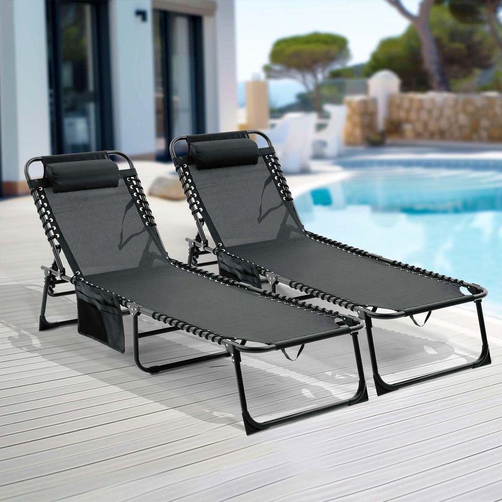 English Elm Folding Chaise Lounge Set of 2 - Portable Outdoor Pool Chairs with 4-Position Recline, Breathable Mesh, Pillow Black W3162P277279