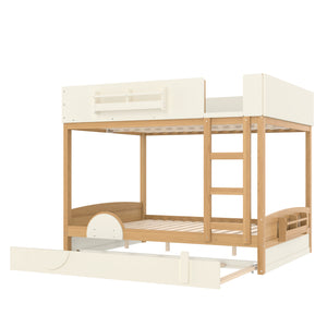 English Elm Queen Bunk Bed with Trundle Solid Pine Kids Car Themed Frame Built-in Bookshelf Natural+Beige W1580S00449