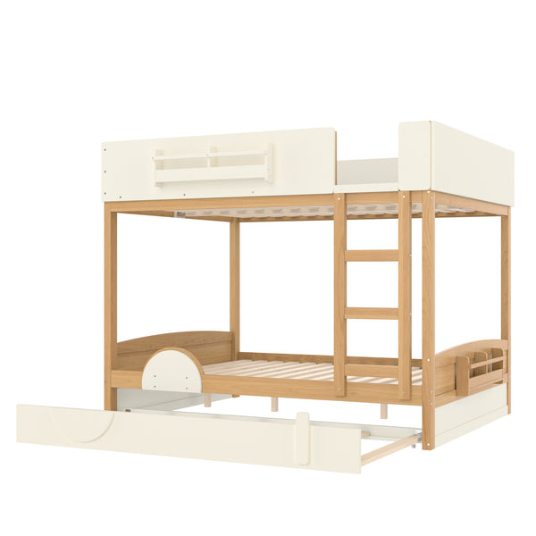 English Elm Queen Bunk Bed with Trundle Solid Pine Kids Car Themed Frame Built-in Bookshelf Natural+Beige W1580S00449