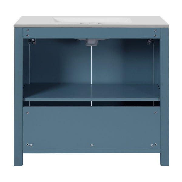 English Elm 36" Bathroom Vanity Organizer with Ceramic Sink, Solid Wood Distressed Finish, Hand-Painted Charm and Ample Storage Retro Blue N729P255666C