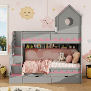 English Elm Twin Over Kids Bunk Bed with Castle Roofline Led Lights and Staircase Storage Gray N820S00068E