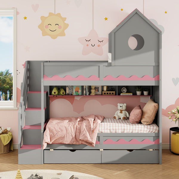 English Elm Twin Over Kids Bunk Bed with Castle Roofline Led Lights and Staircase Storage Gray N820S00068E