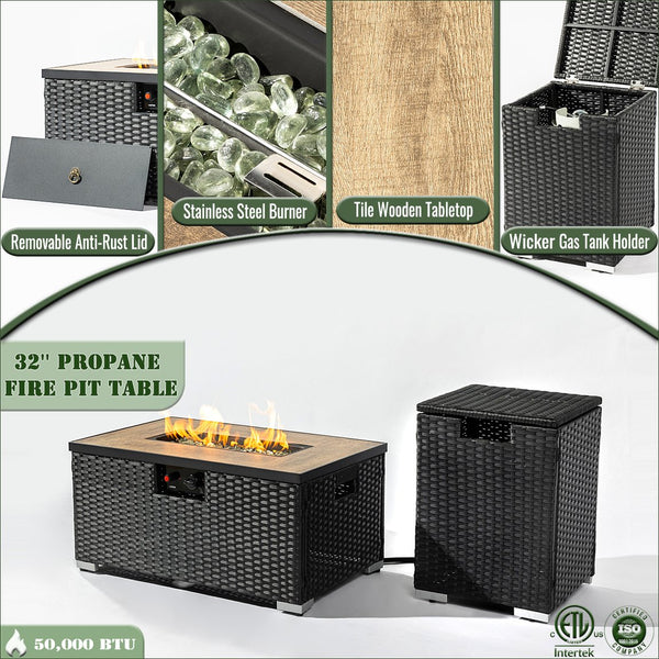 English Elm 32" Outdoor Propane Fire Pit Table with Ceramic Top, 50,000 BTU Stainless Steel Burner, Wicker Base and Tank Cover Dark Gray W853P202194
