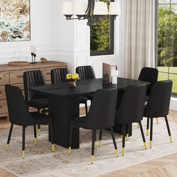 English Elm Table & 8 Black Pu Chairs Set - Modern 67" Mdf Dining Table With Stylish Design & Easy Care Finish W1151S04167-GIGA