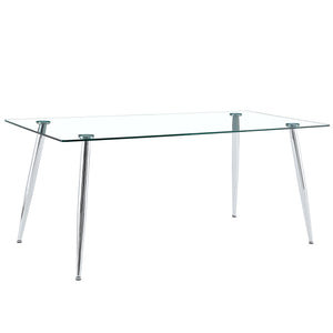 English Elm Modern Tempered Glass Dining Table Seats Six with Sleek Silver Legs for Open Spaces W1151S03176
