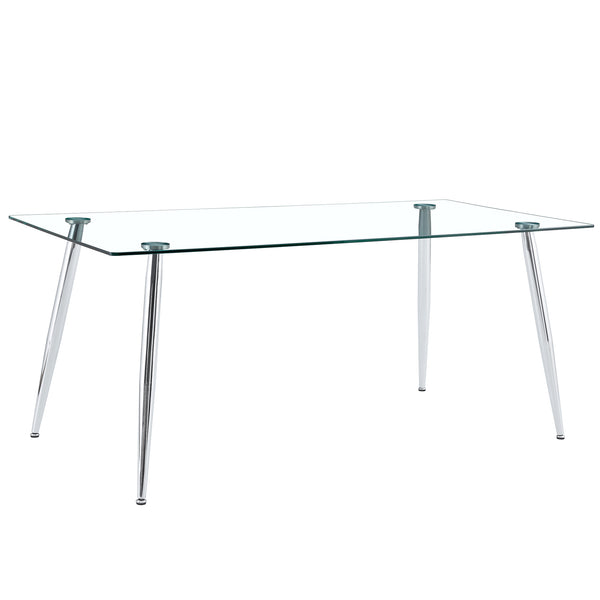 English Elm Modern Tempered Glass Dining Table Seats Six with Sleek Silver Legs for Open Spaces W1151S03176