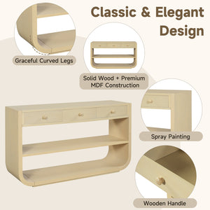 English Elm [video] Sculptural Console Table Pine Wood Curved Legs Soft-close Drawers Open Shelving Entryway Natural N759P433560N