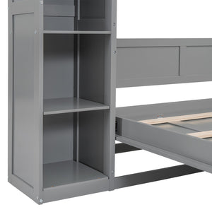 English Elm Full Size Murphy Wall Bed with Led Lighting Side Storage Cabinets and Slatted Support Gray LP000694AAE-1