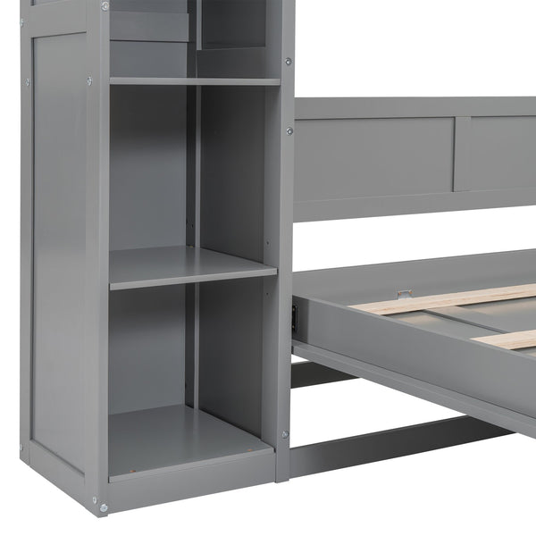 English Elm Full Size Murphy Wall Bed with Led Lighting Open Shelves Space Saving Cabinet Gray LP000694AAE-2