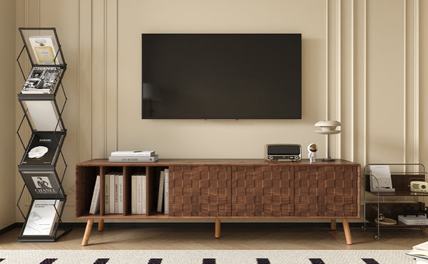 English Elm 70" Mid-Century Modern TV Stand with Lattice Wood Grain, 3 Cabinets & 4 Open Shelves, Walnut Elegance N710P222773P