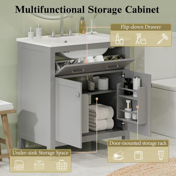 English Elm 30" Modern Bathroom Vanity with Ceramic Sink and Soft-Close Doors, Solid Wood MDF Build, Sleek Handles Gray N729P263155E