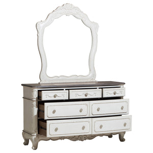 English Elm Victorian Cinderella 7-Drawer Dresser with Floral Carvings and Gray Rub-Through Finish for Bedrooms Antique White,Oak 59.5 L x 21 W x 37.5 H B011P361980