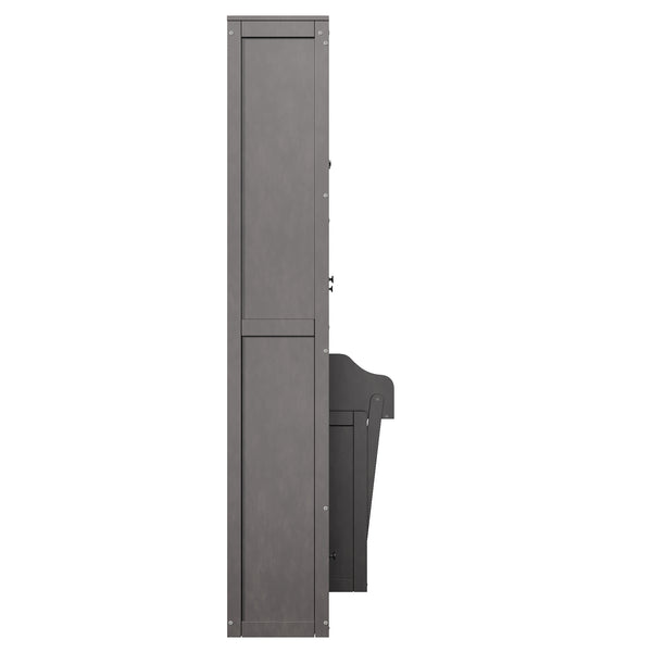 English Elm Queen Murphy Bed with Led Lighting Side Cabinets Shelving and Fold Down Desk Panel Gray N7090002226E-1