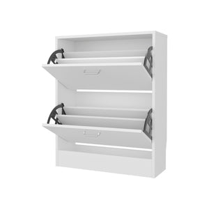 English Elm White Slim Shoe Cabinet with 2 Tilt-Out Doors — Space-Saving White Storage Rack for Narrow Entryways and Modern Décor B062P380071