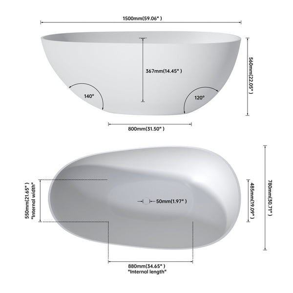 English Elm 59 Inch Freestanding Stone Resin Soaking Tub Sculptural Matte Spa Bath Design T3785P353948