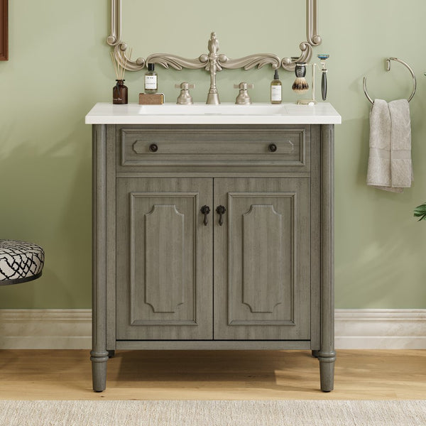 English Elm Christopher Knight Home® - 30 Inches Vintage Bathroom Vanity With Sink – Rustic Gray Cabinet, Soft-Close Doors & Ceramic Top N817P299472G