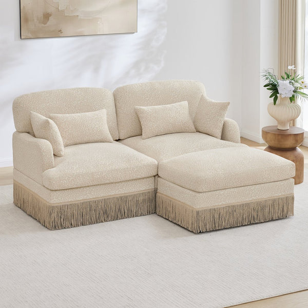 English Elm Comfy Chenille Leopard Print Loveseat with Tassel Trim Movable Ottoman Living Room Beige W5656S00002