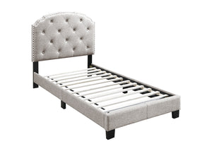 English Elm Light Gray Burlap Upholstered Twin Bed with Button Tufted Headboard and Nailhead Trim B011P415184