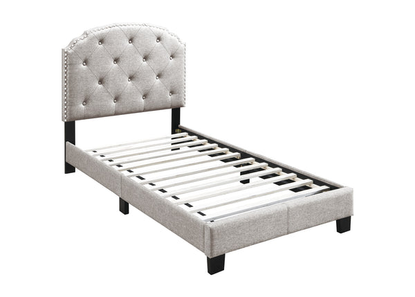 English Elm Light Gray Burlap Upholstered Twin Bed with Button Tufted Headboard and Nailhead Trim B011P415184