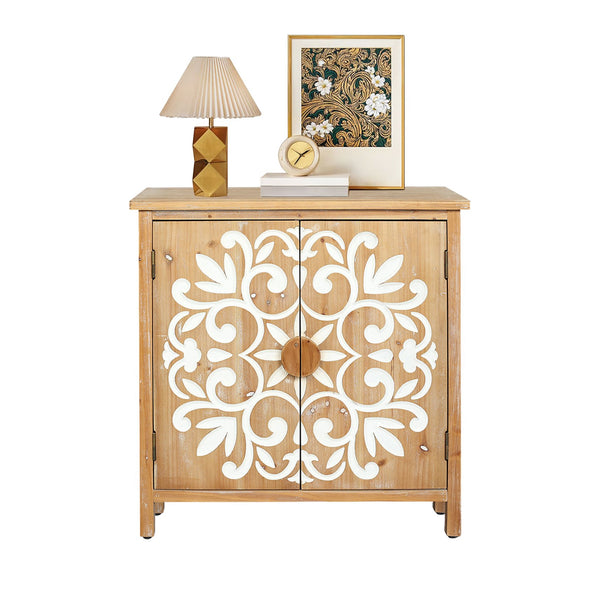 English Elm Rustic Wooden Accent Cabinet with Floral Carved Doors, Antique Brown White, Sturdy 2-Door Storage for Entryway, Dining Room, Living Room W2295P365012