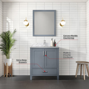 English Elm Dark Grey Bath Vanity Set With Carrara Marble Top, Chrome Faucet & Matching 28" Mirror - Stylish Upgrade! B2731S01250