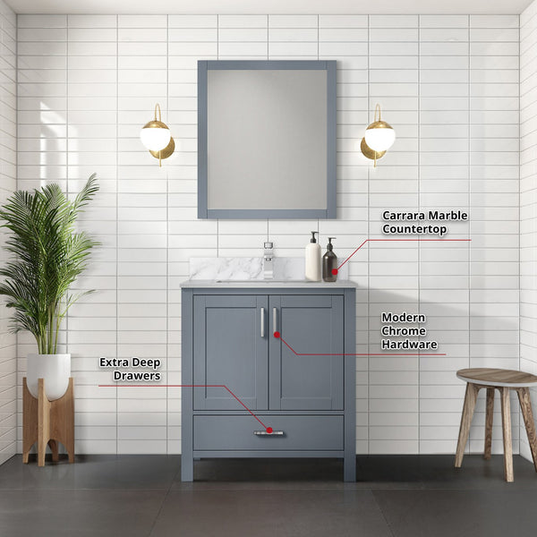 English Elm Dark Grey Bath Vanity Set With Carrara Marble Top, Chrome Faucet & Matching 28" Mirror - Stylish Upgrade! B2731S01250