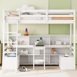 English Elm Twin Low Loft Bed with Pull Out Desk Drawers Cabinet and Shelves for Kids White W697S00034