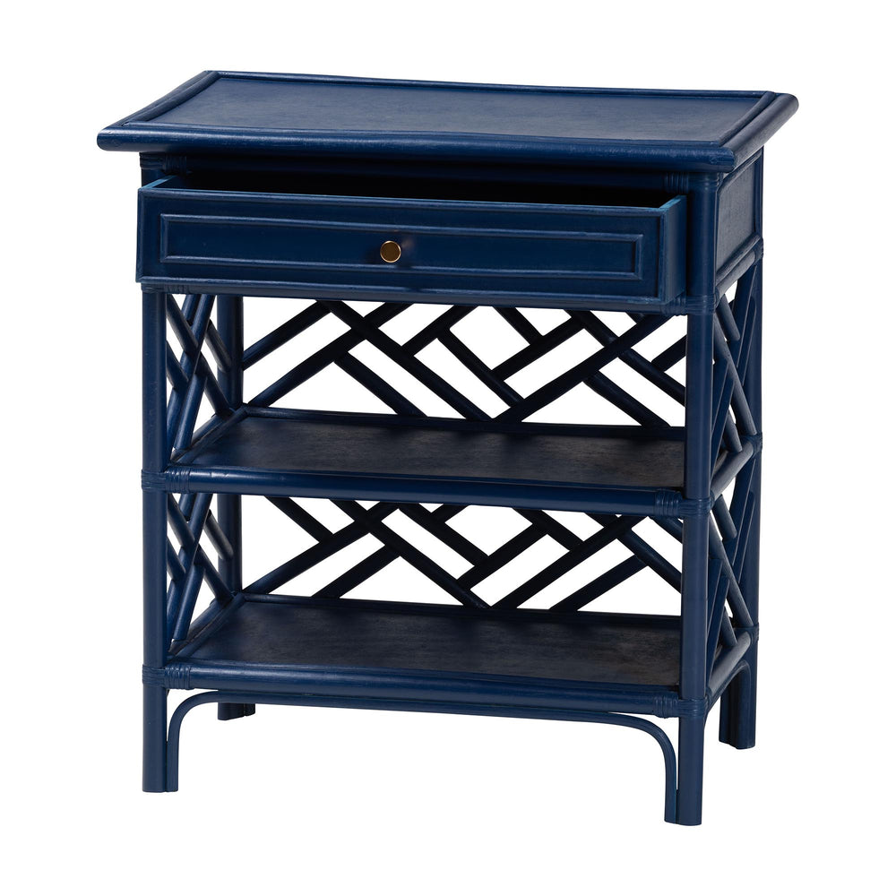 English Elm Bohemian Woven Rattan Nightstand with Geometric Drawer for Organic Bedroom Styling B2750P467856