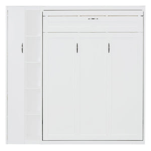 English Elm Full Size Murphy Bed with Open Shelving Wardrobe and Led Lighting for Studio Spaces White LP000898AAK