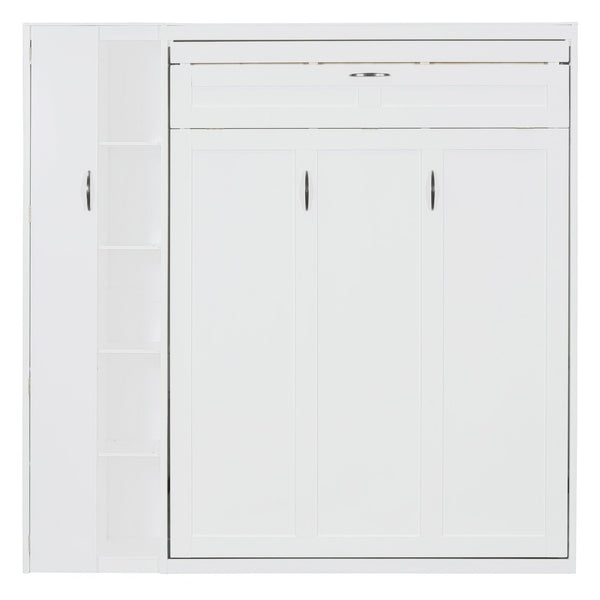 English Elm Full Size Murphy Bed with Open Shelving Wardrobe and Led Lighting for Studio Spaces White LP000898AAK