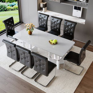 English Elm Modern 9 Piece Glam Dining Set Faux Marble Table Tufted Pvc Chairs Seats Eight Black,White W3875S00083