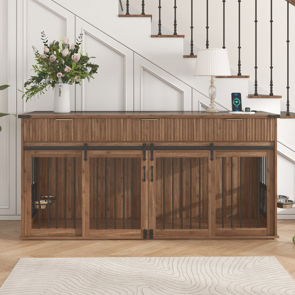 English Elm 71'' Walnut Woodgrain Dog Kennel Cabinet with Fluted Drawers and Built-in Power Station W5216S00002