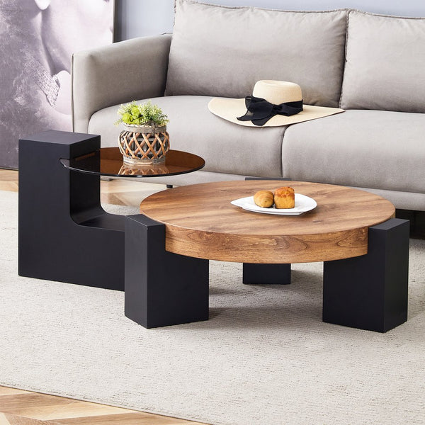 English Elm Modern Double-Layer Round Coffee Table with Detachable Top, Tinted Glass & Wood MDF Shelf, Black L-Legs (30.7") W1151P209571