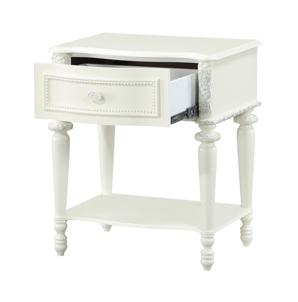 English Elm Dorothy Ivory Finish Nightstand with Tilted Beveled Oval Mirror, 1 Drawer Storage, Transitional Style B2726P361451