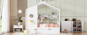 English Elm Wooden Full Size House Bed with Trundle and Built-In Shelves — Modern Pine Frame, Whimsical Roof Design White 57.2 L x 16.25 W x 5.9 H N733S316125K