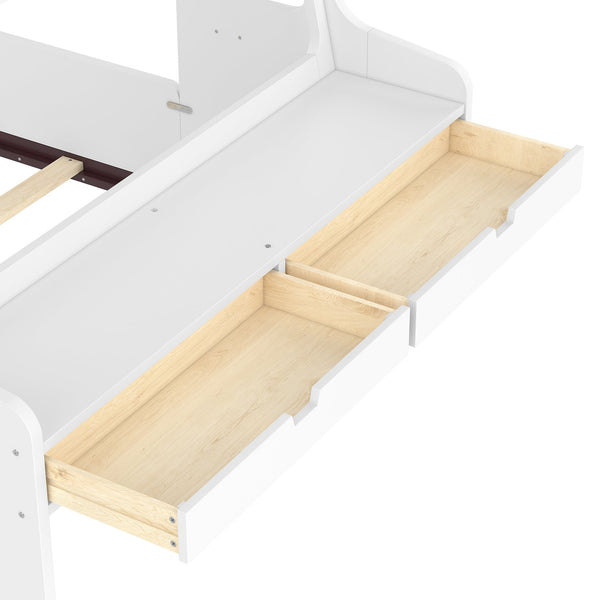 English Elm Full Size Car Shaped Kids Platform Bed with Storage Drawers Integrated Desk Pine Wood Light White W1580S00490