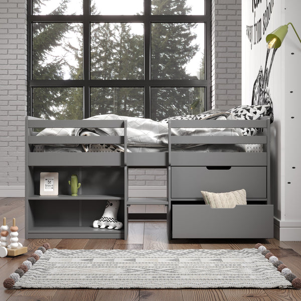 English Elm Fabiana Gray Twin Loft Bed with Storage Drawers & Open Shelves, Ladder, Slat System Included B2726S00219