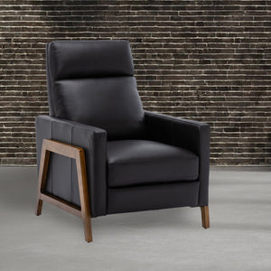 English Elm Richland Mid-Century Top Grain Leather Push Back Recliner with Exposed Wood Frame and Coil Seating Black B050P366074